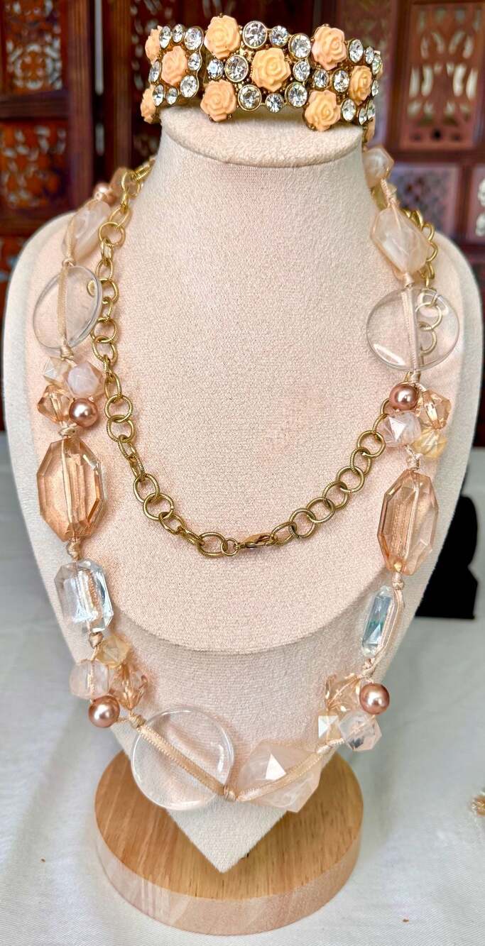 Chico's Peach Beaded Ribbon Necklace and Floral Resin Crystal Bracelet Set